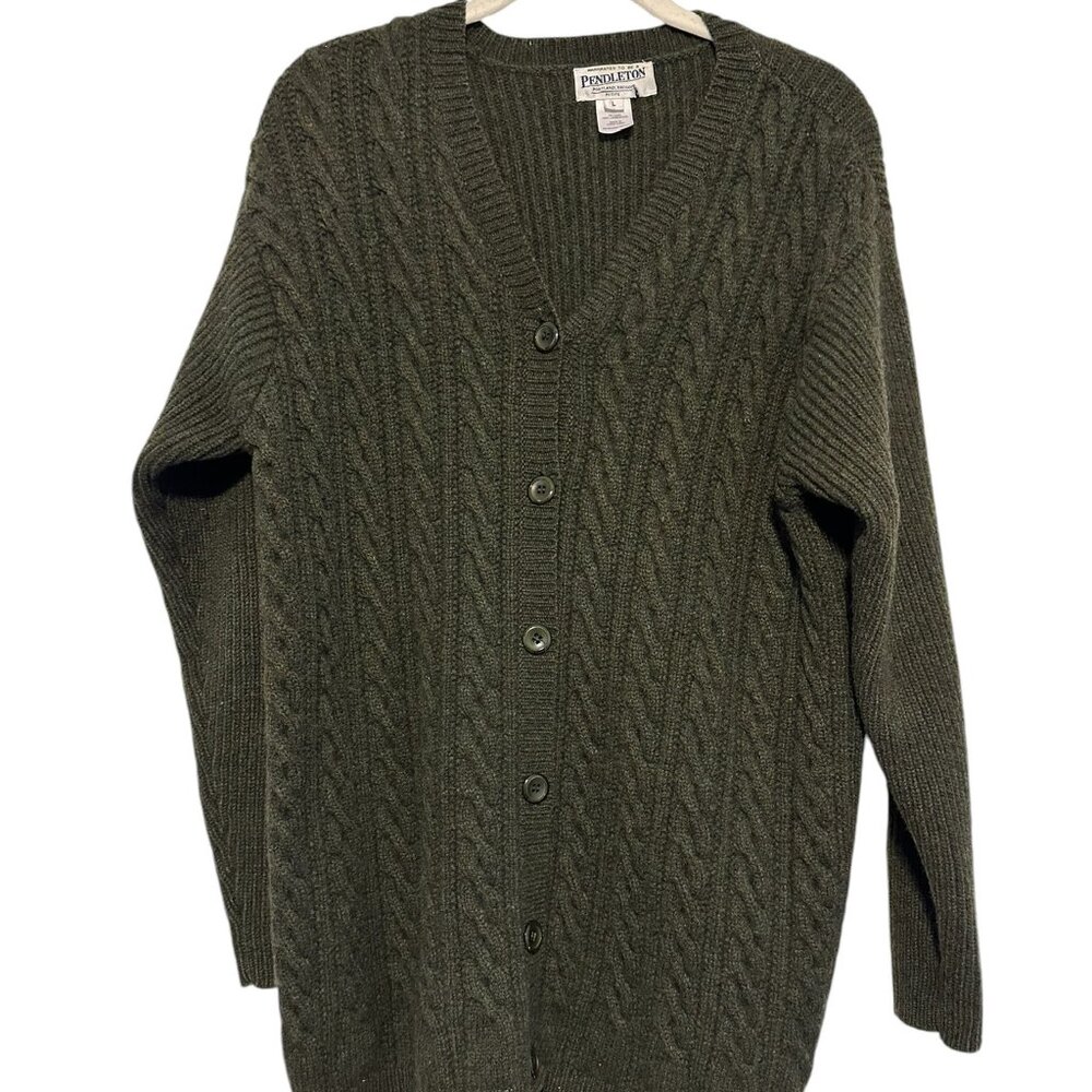 Vintage 100% Lambswool Pendleton Forest Green Cable Knit Cardigan, size L